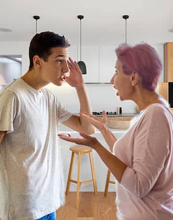  Mother and son arguing.