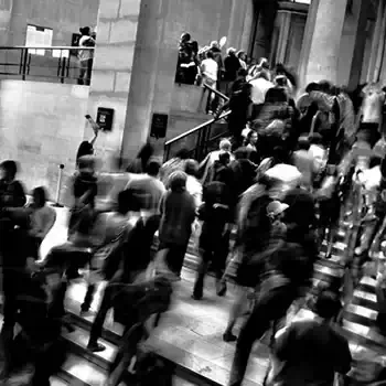  Acrowd going up stairs.