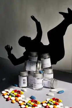Relapse, a man falling in pills.